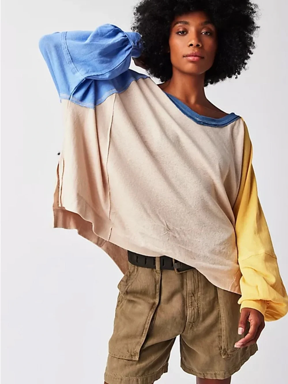 Free People We The Free Care FP Tri Color Tee Cream Blue Yellow Size XS